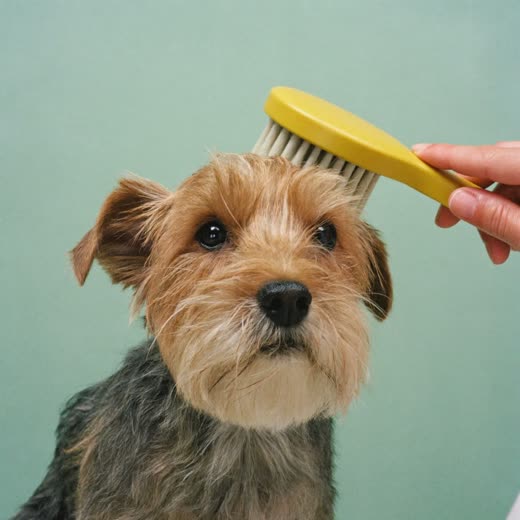 A small terrier being brushed